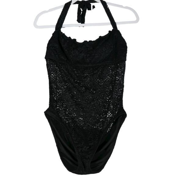Mossimo Swimsuit Women Large Black Lace Halter One Piece Padded Sheer Detail NWT - Picture 1 of 9